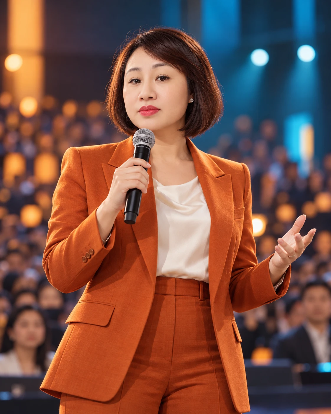 Vân Anh trong bộ vest cam diễn thuyết